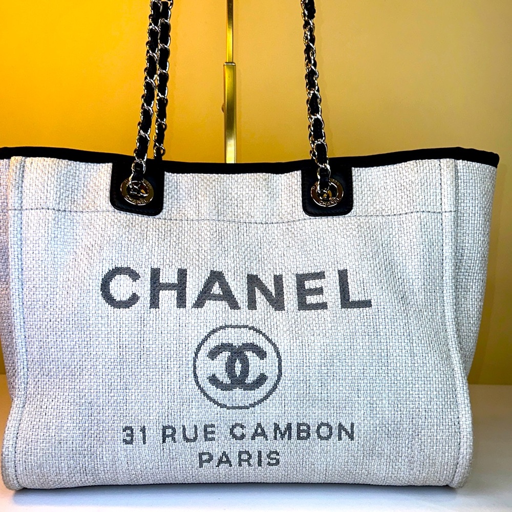 CHANEL CC Deauville Tote Gray w/ Black Leather SHW Authenticated COA #22 2016